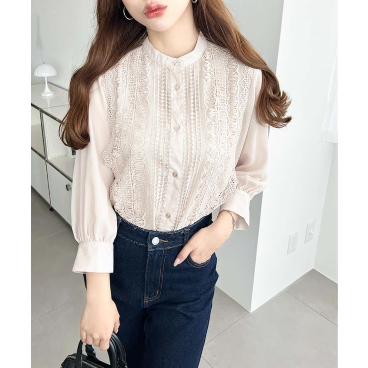 シフォンジョーゼットスタンドカラーフロントレースシャツ | moment+ | 詳細画像35 