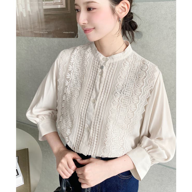 シフォンジョーゼットスタンドカラーフロントレースシャツ | moment+ | 詳細画像36 