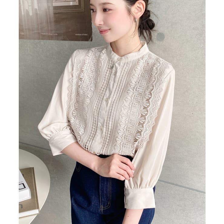 シフォンジョーゼットスタンドカラーフロントレースシャツ | moment+ | 詳細画像38 