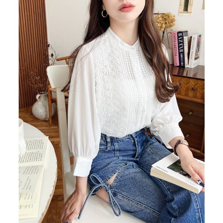 シフォンジョーゼットスタンドカラーフロントレースシャツ | moment+ | 詳細画像4 