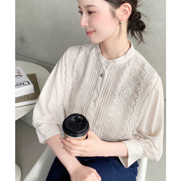 シフォンジョーゼットスタンドカラーフロントレースシャツ | moment+ | 詳細画像40 