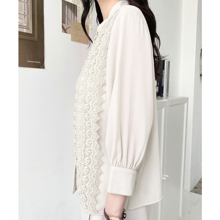 シフォンジョーゼットスタンドカラーフロントレースシャツ | moment+ | 詳細画像44 