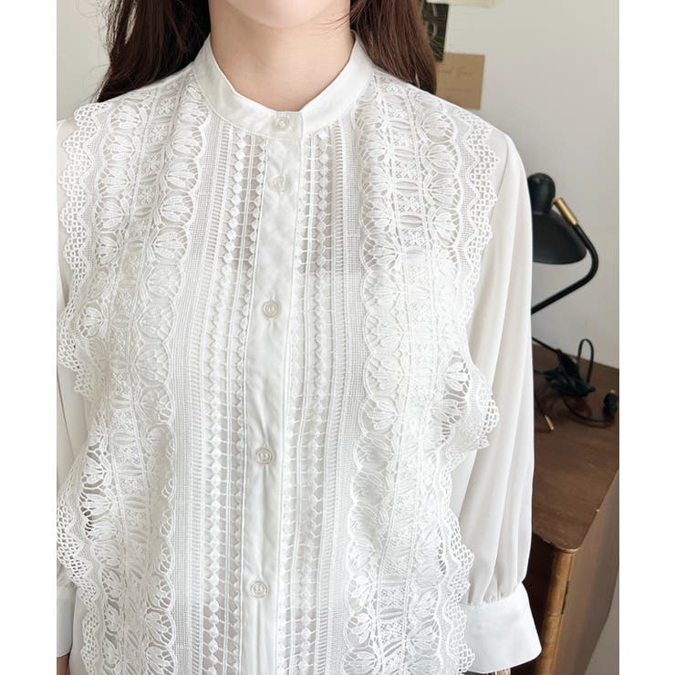 シフォンジョーゼットスタンドカラーフロントレースシャツ | moment+ | 詳細画像6 