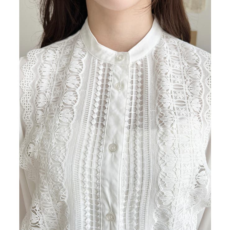 シフォンジョーゼットスタンドカラーフロントレースシャツ | moment+ | 詳細画像7 