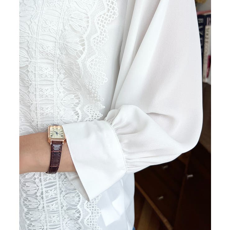 シフォンジョーゼットスタンドカラーフロントレースシャツ | moment+ | 詳細画像8 