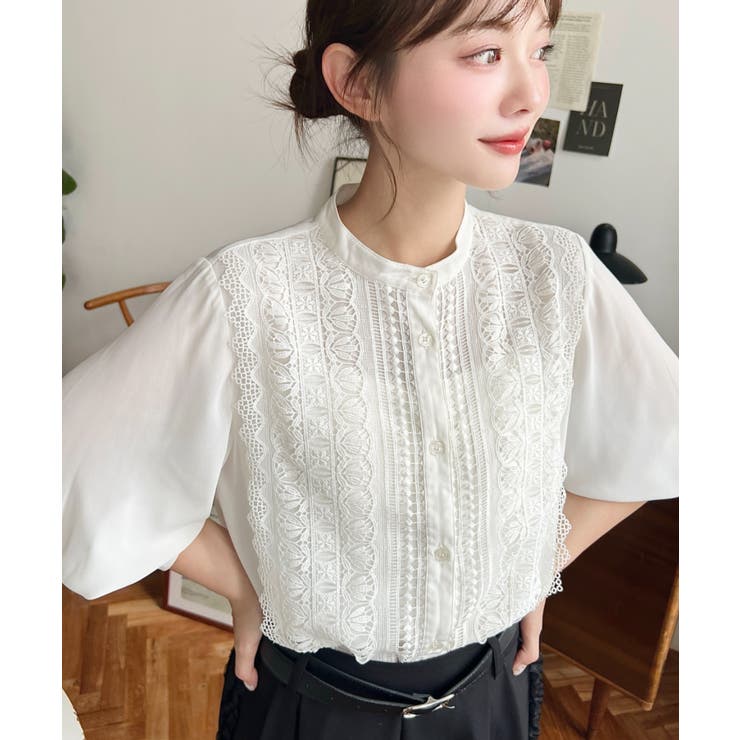 シフォンジョーゼットスタンドカラーフロントレースシャツ[品番