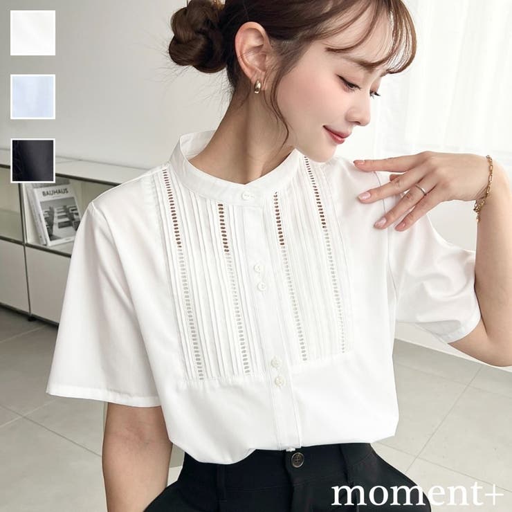 バンドカラー半袖ピンタックシャツ T/Cブロード  | moment+ | 詳細画像1 
