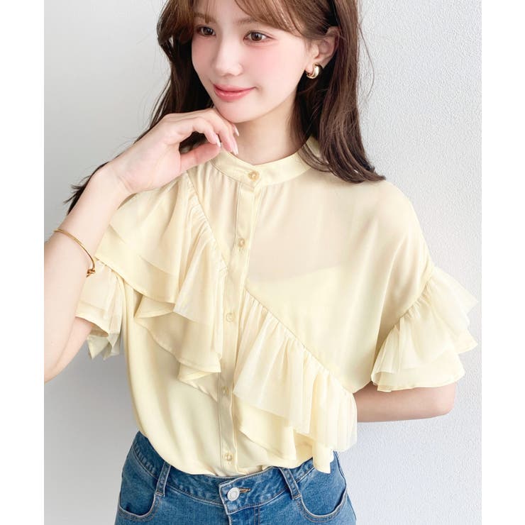 新品タグ付 日本未入荷 シフォンジョーゼット フリルブラウス M ブラック moment+ ブラウス シャツ シフォンジョーゼット半袖ダブルフリル