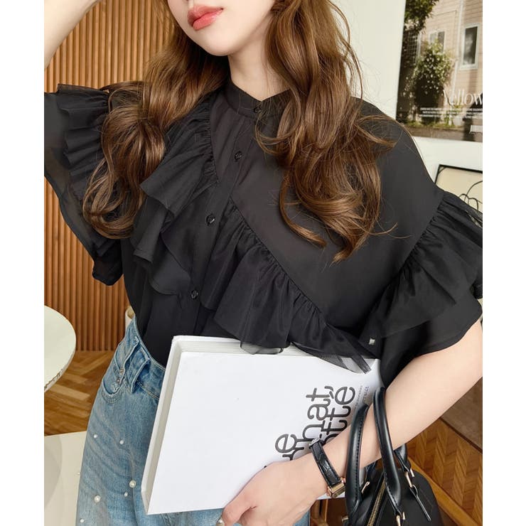 新品タグ付 日本未入荷 シフォンジョーゼット フリルブラウス M ブラック moment+ ブラウス シャツ シフォンジョーゼット半袖ダブルフリル