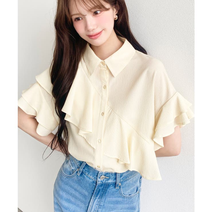 イエロー | 半袖フリルブラウス クレーププリーツ | moment+