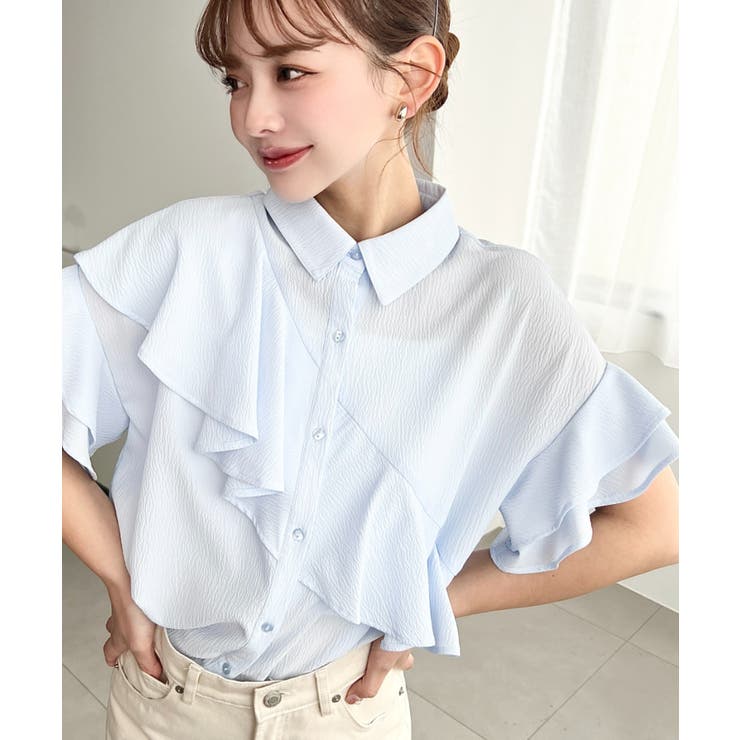 サックスブルー | 半袖フリルブラウス クレーププリーツ | moment+