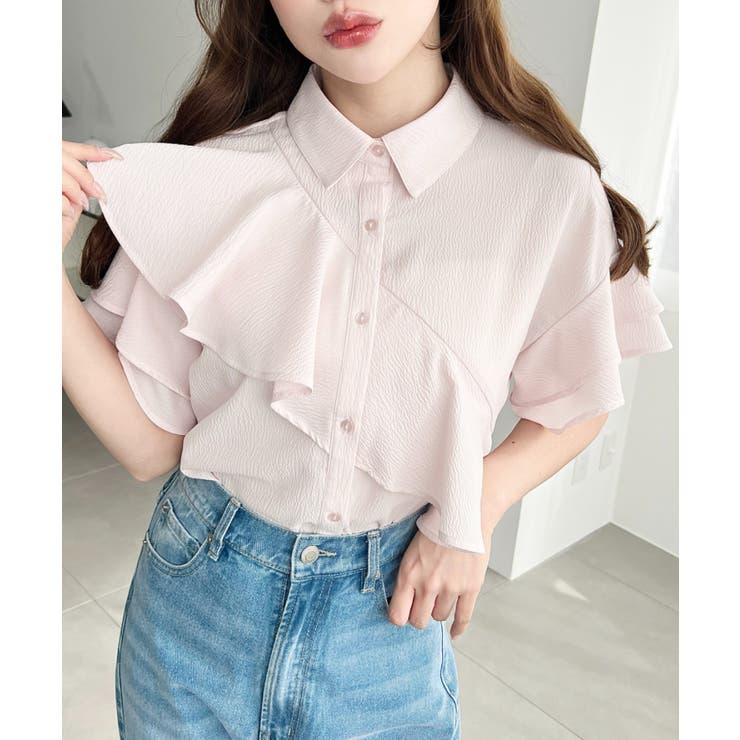 ピンク | 半袖フリルブラウス クレーププリーツ | moment+