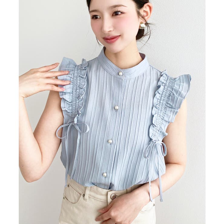 サックスブルー | ドロストフリルブラウス ドビーストライプ | moment+