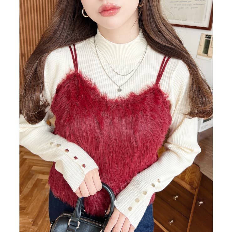 レッド | ロングフェザーWストラップニットビスチェ | moment+