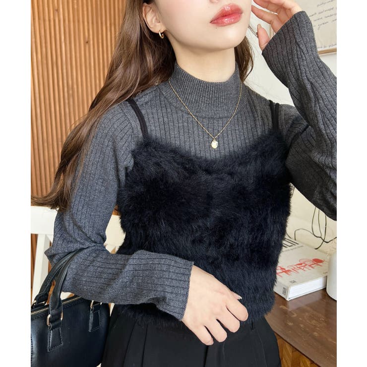 ブラック | ロングフェザーWストラップニットビスチェ | moment+