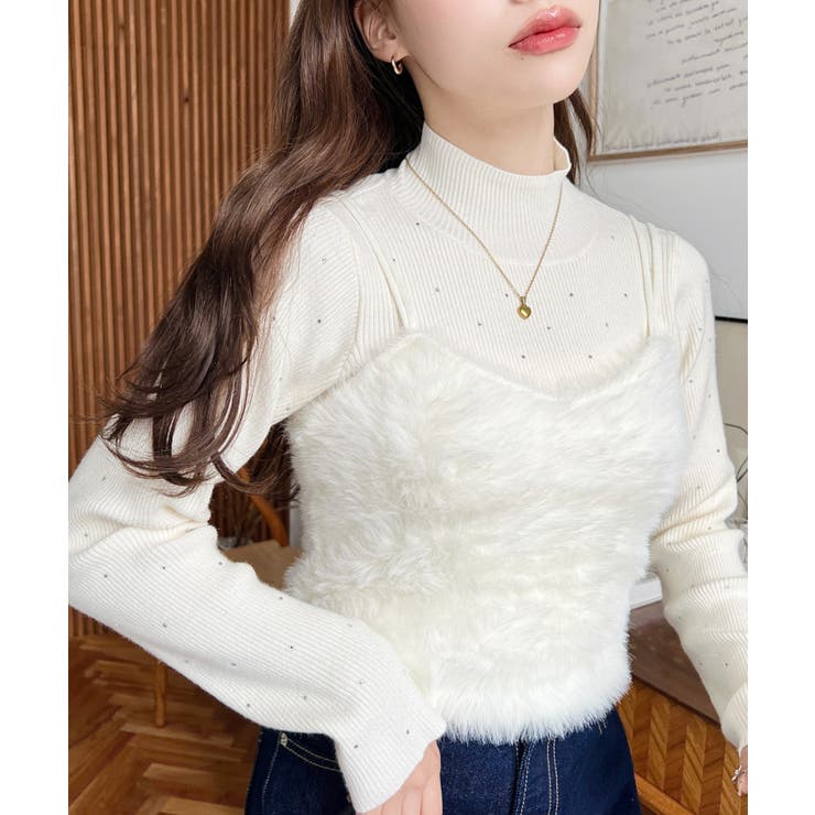 アイボリー | ロングフェザーWストラップニットビスチェ | moment+