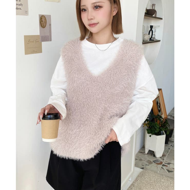ピンク | ラメフェザーVネックニットベスト | moment+
