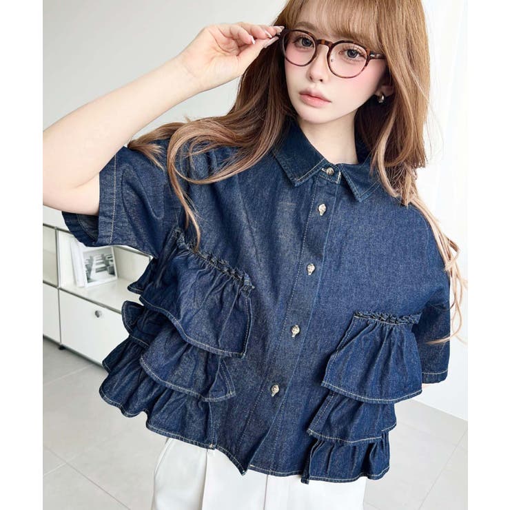 インディゴブルー | 半袖ティアードフリルデニムシャツ | moment+