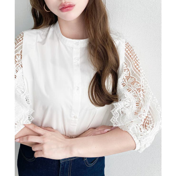 オフホワイト | 半袖レースブラウス T/Cブロード | moment+