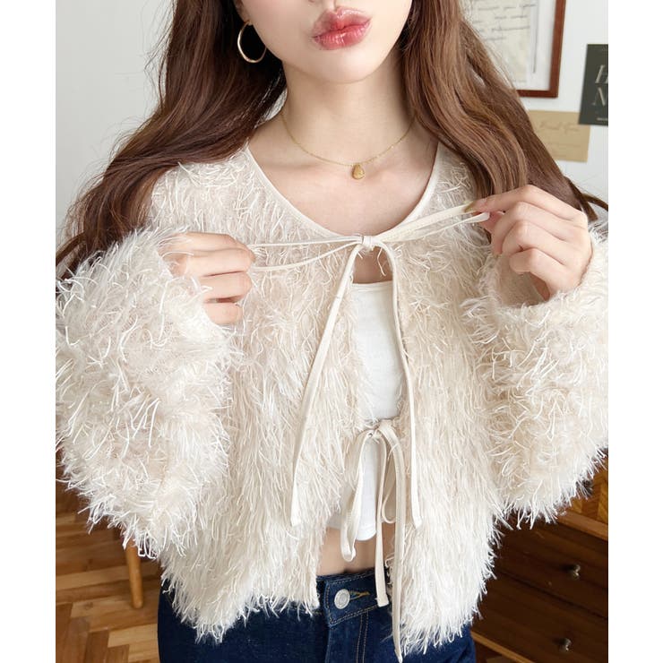 アイボリー | 前後2WAYショート丈フリンジリボンカーディガン | moment+