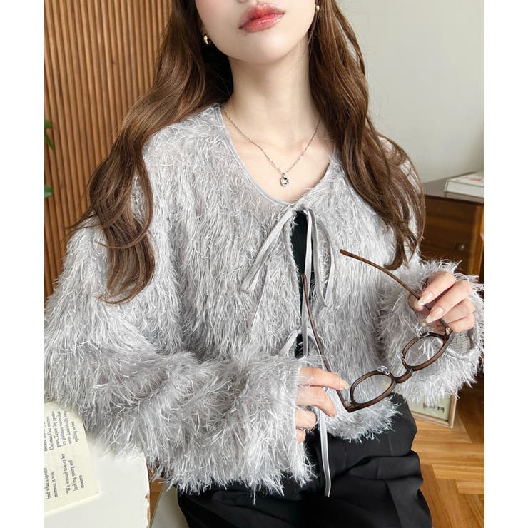 グレー | 前後2WAYショート丈フリンジリボンカーディガン | moment+