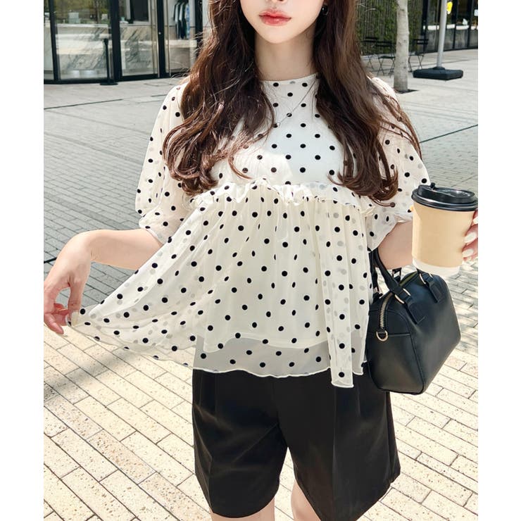 フロッキードットチュールバルーンスリーブギャザーフリル半袖ブラウス | moment+ | 詳細画像11 