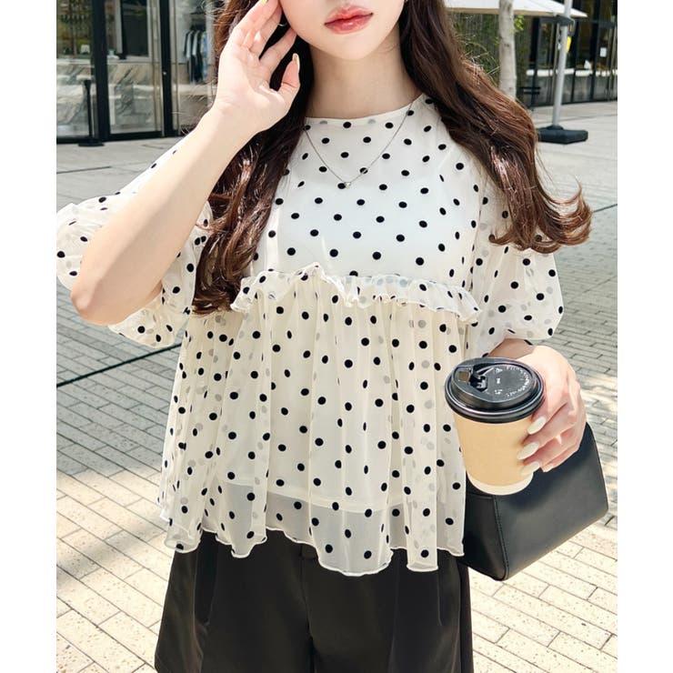 フロッキードットチュールバルーンスリーブギャザーフリル半袖ブラウス | moment+ | 詳細画像12 