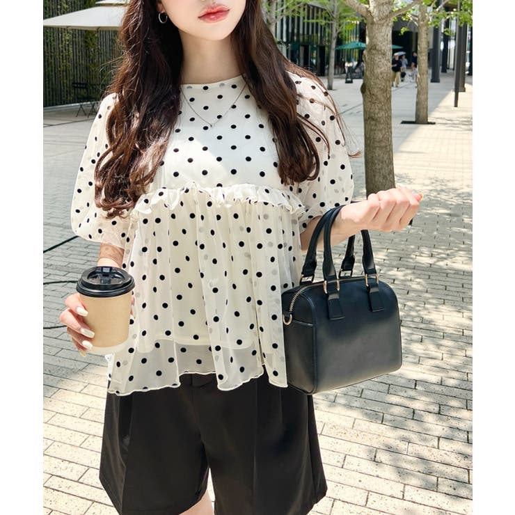 フロッキードットチュールバルーンスリーブギャザーフリル半袖ブラウス | moment+ | 詳細画像13 