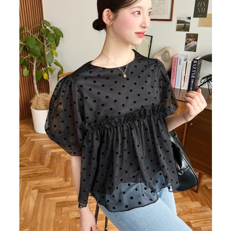 フロッキードットチュールバルーンスリーブギャザーフリル半袖ブラウス | moment+ | 詳細画像16 