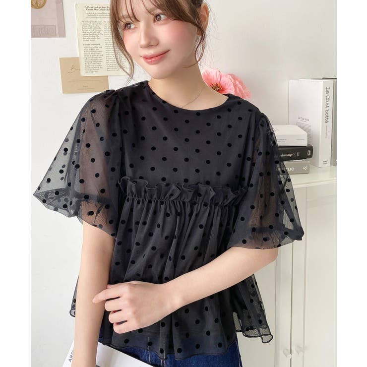 フロッキードットチュールバルーンスリーブギャザーフリル半袖ブラウス | moment+ | 詳細画像17 