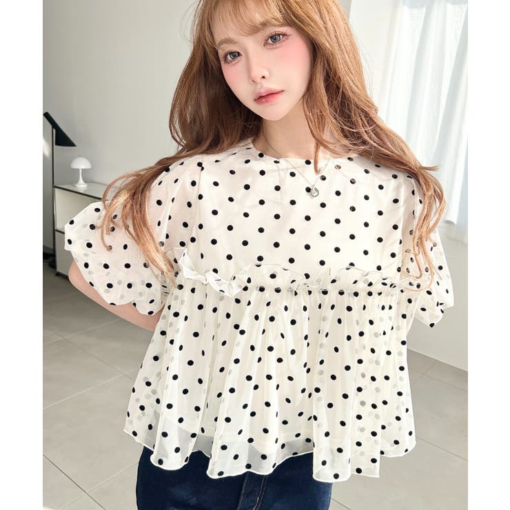 フロッキードットチュールバルーンスリーブギャザーフリル半袖ブラウス | moment+ | 詳細画像2 