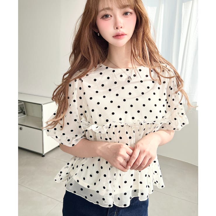 フロッキードットチュールバルーンスリーブギャザーフリル半袖ブラウス | moment+ | 詳細画像3 