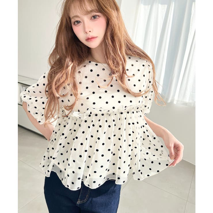 フロッキードットチュールバルーンスリーブギャザーフリル半袖ブラウス | moment+ | 詳細画像5 