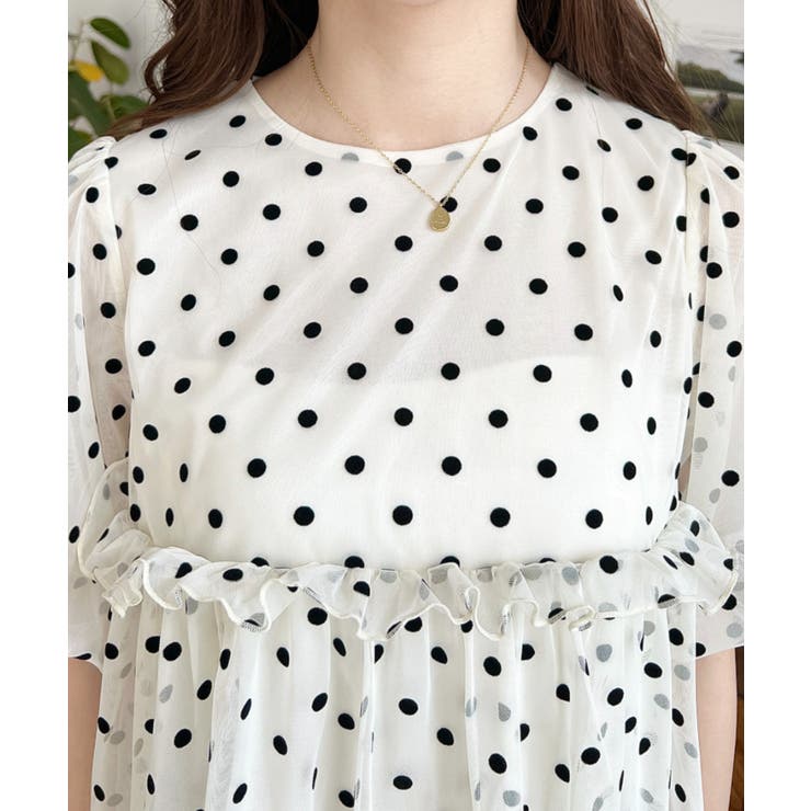 フロッキードットチュールバルーンスリーブギャザーフリル半袖ブラウス | moment+ | 詳細画像6 