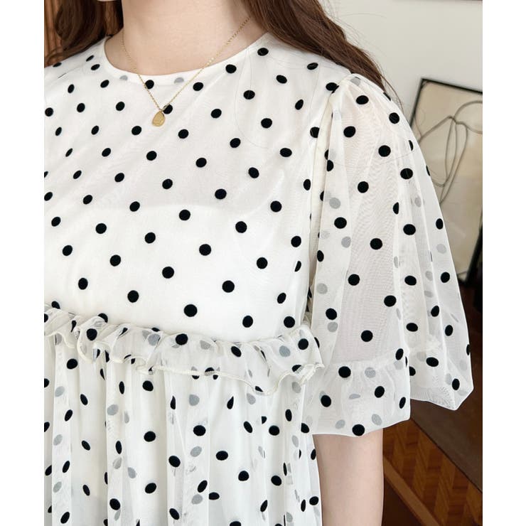 フロッキードットチュールバルーンスリーブギャザーフリル半袖ブラウス | moment+ | 詳細画像7 