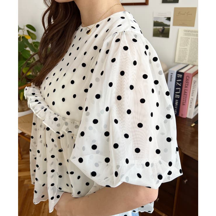 フロッキードットチュールバルーンスリーブギャザーフリル半袖ブラウス | moment+ | 詳細画像8 