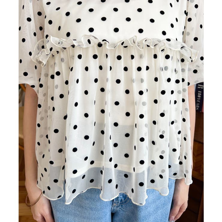 フロッキードットチュールバルーンスリーブギャザーフリル半袖ブラウス | moment+ | 詳細画像9 