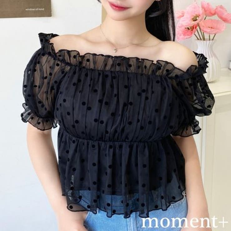 フロッキードットチュール2WAYオフショルペプラムトップス | moment+ | 詳細画像1 