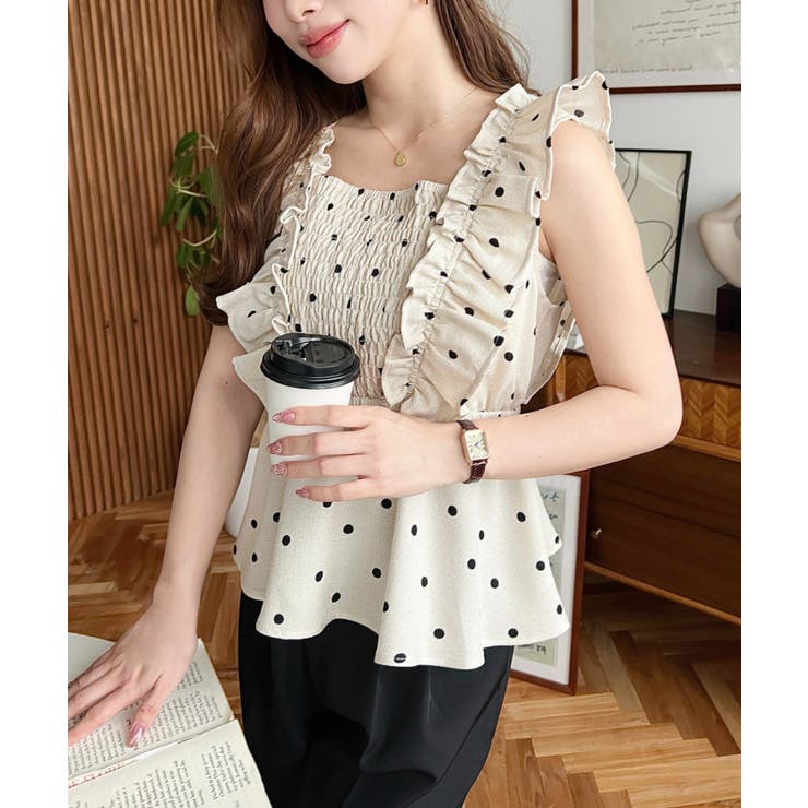 リネンライクドットプリントシャーリングペプラムフリルブラウス | moment+ | 詳細画像18 