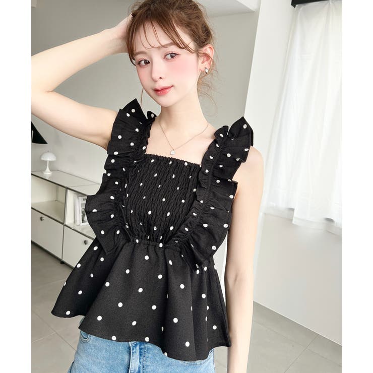 リネンライクドットプリントシャーリングペプラムフリルブラウス | moment+ | 詳細画像3 