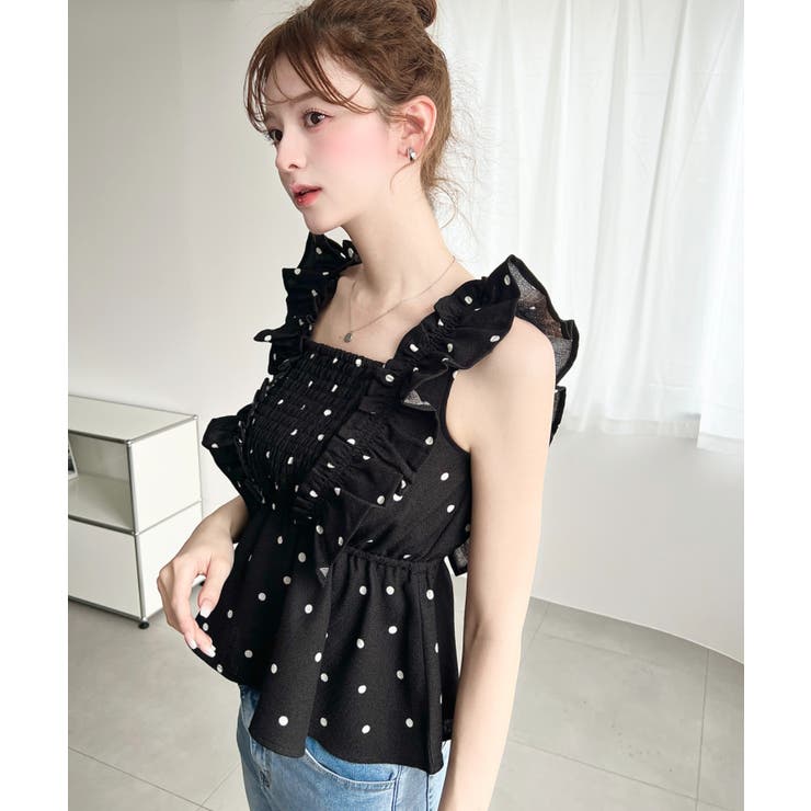 リネンライクドットプリントシャーリングペプラムフリルブラウス | moment+ | 詳細画像4 