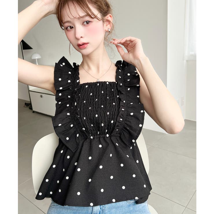 リネンライクドットプリントシャーリングペプラムフリルブラウス | moment+ | 詳細画像5 