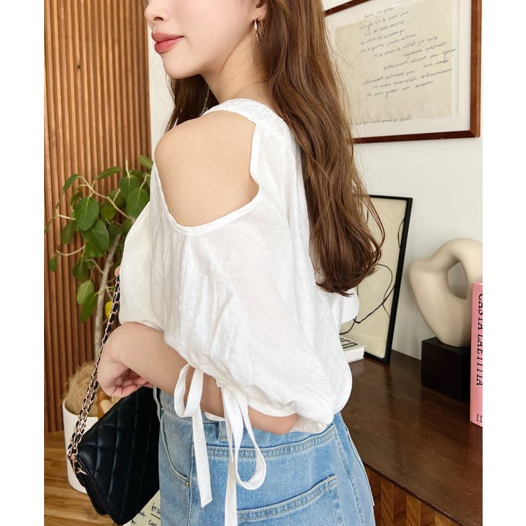 フロントタック半袖リボン肩開きブラウス | moment+ | 詳細画像10 