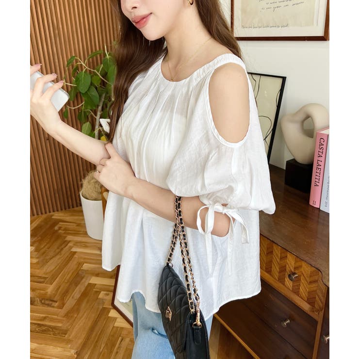 フロントタック半袖リボン肩開きブラウス | moment+ | 詳細画像12 