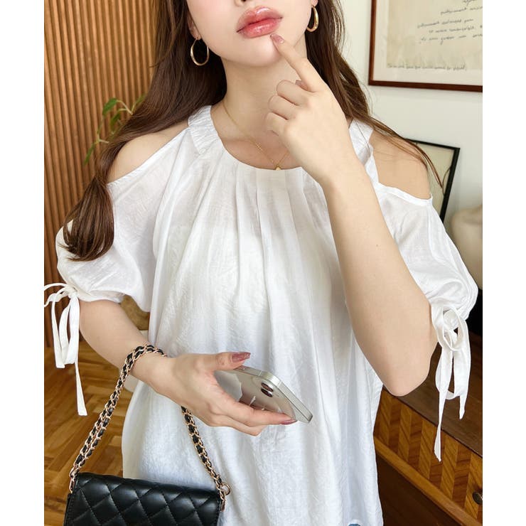 フロントタック半袖リボン肩開きブラウス | moment+ | 詳細画像13 