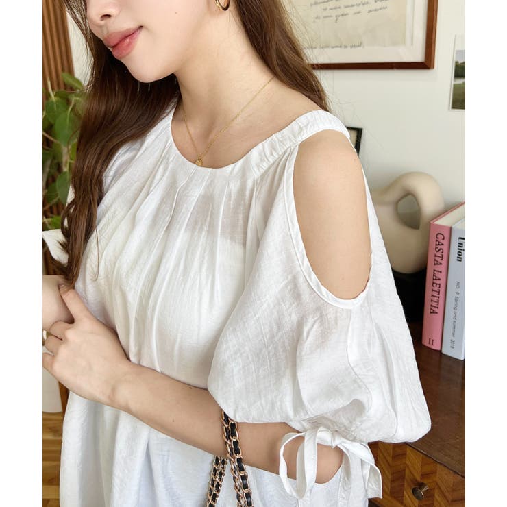 フロントタック半袖リボン肩開きブラウス | moment+ | 詳細画像14 