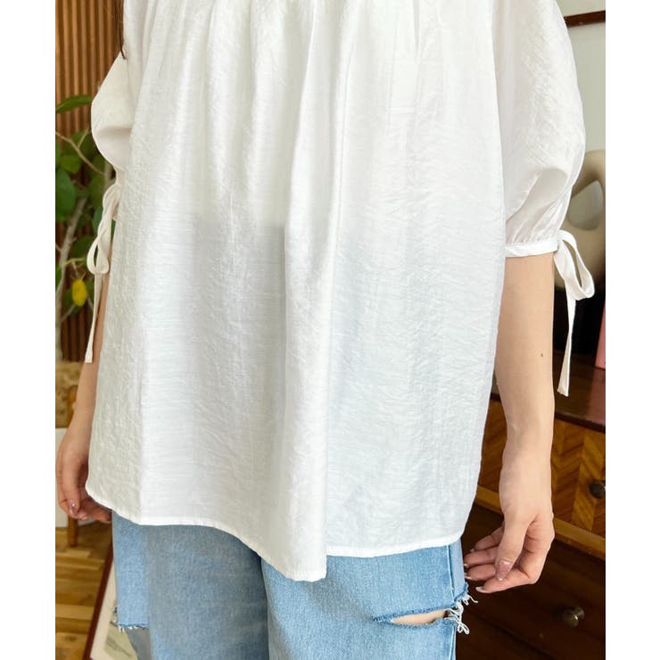 フロントタック半袖リボン肩開きブラウス | moment+ | 詳細画像18 