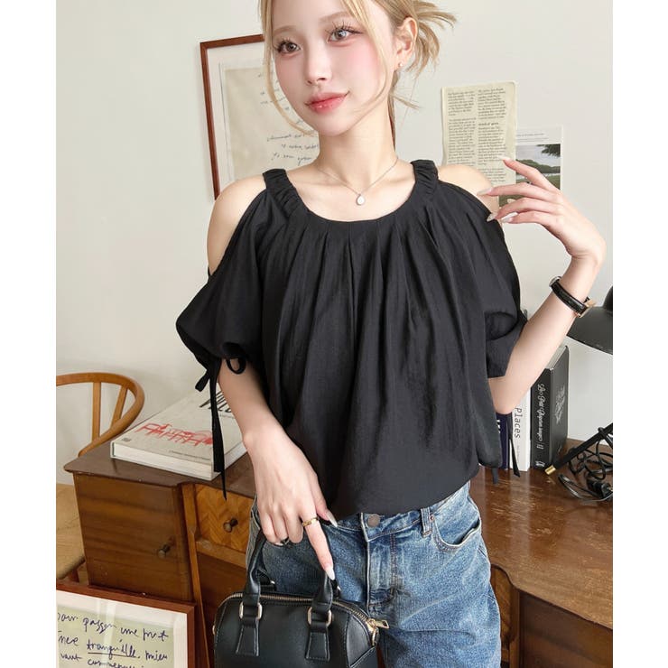 フロントタック半袖リボン肩開きブラウス | moment+ | 詳細画像2 