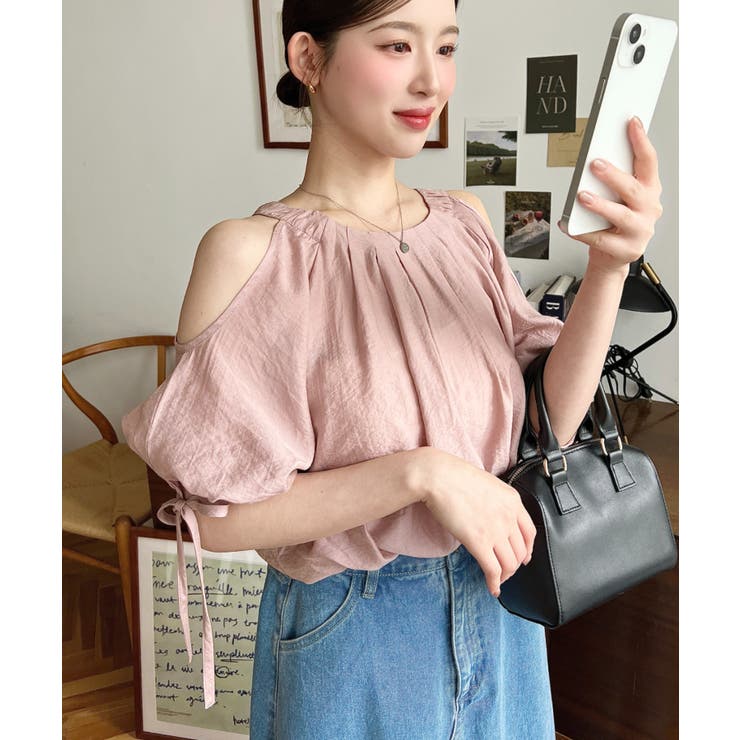 フロントタック半袖リボン肩開きブラウス | moment+ | 詳細画像22 