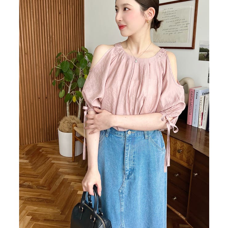 フロントタック半袖リボン肩開きブラウス | moment+ | 詳細画像24 